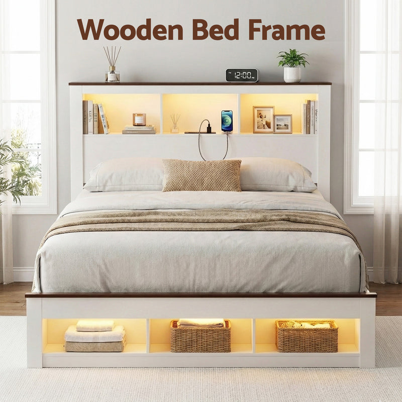 Artiss Queen Bed Frame w/ Storage Bookcase Headboard & LED – White