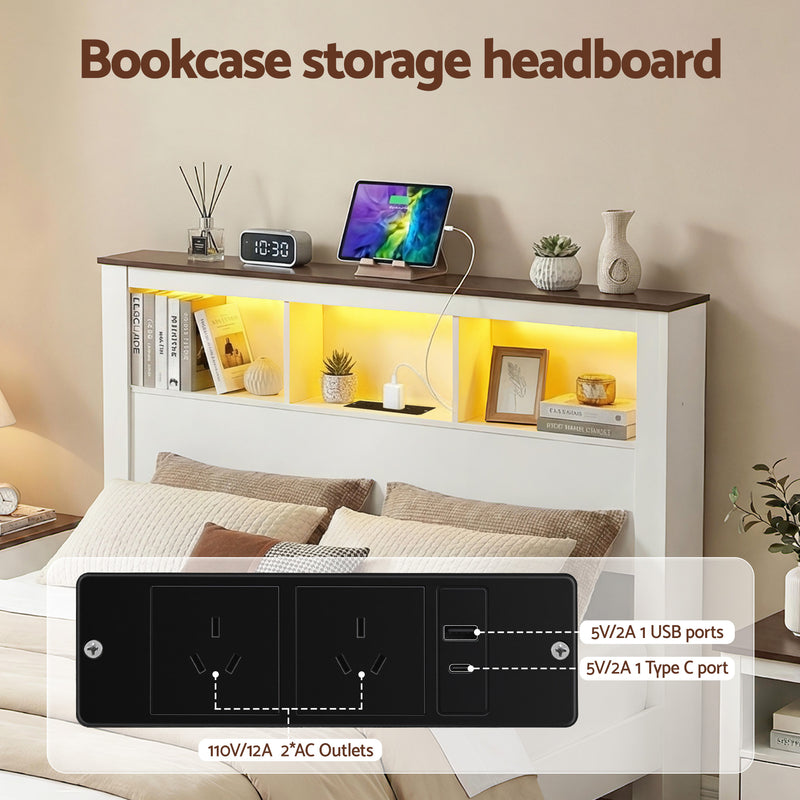 Artiss Queen Bed Frame w/ Storage Bookcase Headboard & LED – White