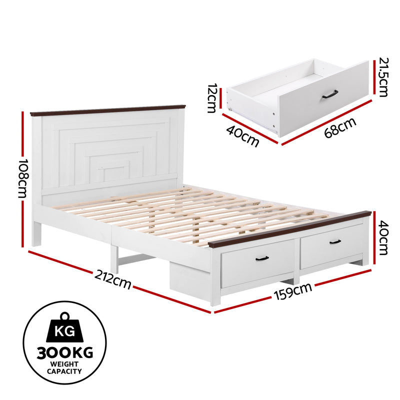 Artiss Queen Wooden Bed Frame with 2 Drawers White