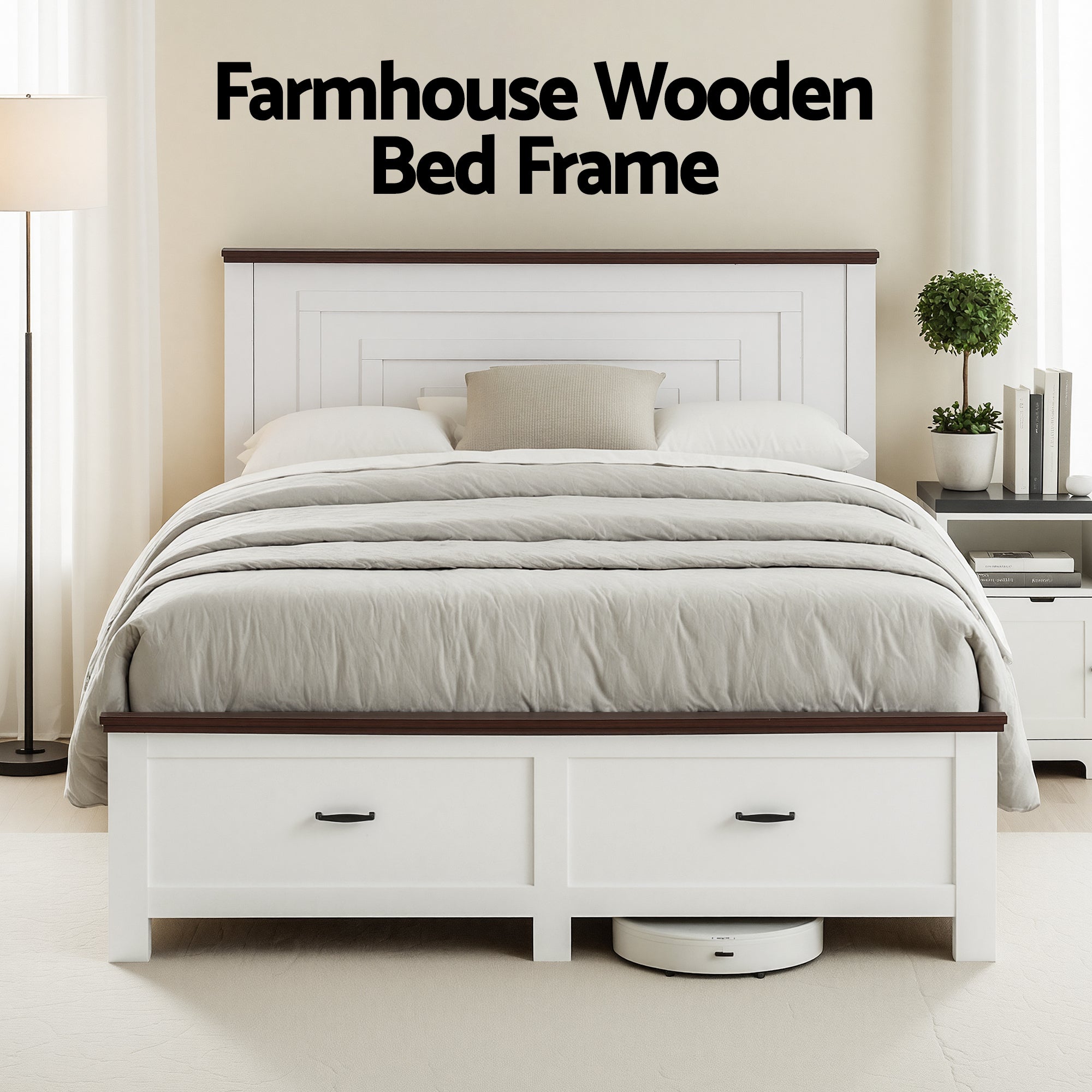 Artiss Queen Wooden Bed Frame with 2 Drawers White