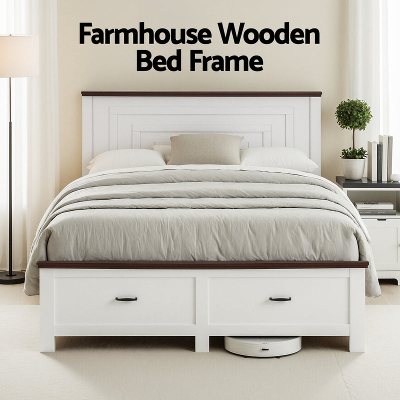 Artiss Queen Wooden Bed Frame with 2 Drawers White