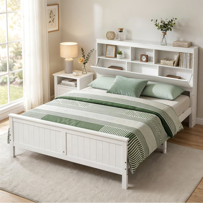 Artiss Queen Bed Frame with Storage Headboard & Footboard – White