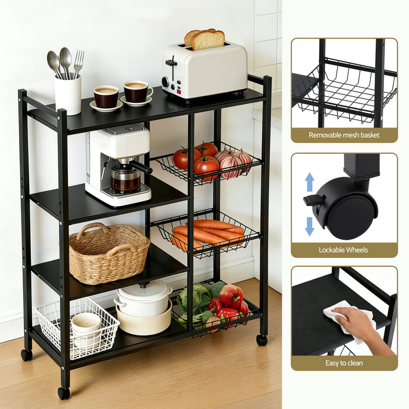 Artiss Kitchen Baker’s Rack 4-Tier – Storage Shelf with Baskets & Castors