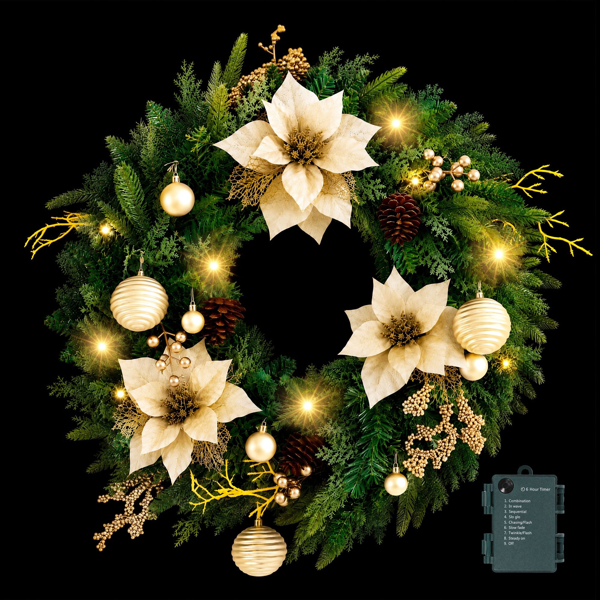 60cm Pre-Lit Christmas Wreath with Gold Flowers & Pinecones