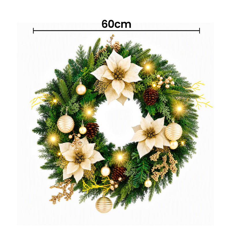 60cm Pre-Lit Christmas Wreath with Gold Flowers & Pinecones