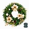 60cm Pre-Lit Christmas Wreath with Gold Flowers & Pinecones