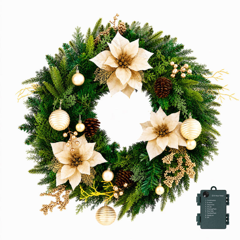 60cm Pre-Lit Christmas Wreath with Gold Flowers & Pinecones