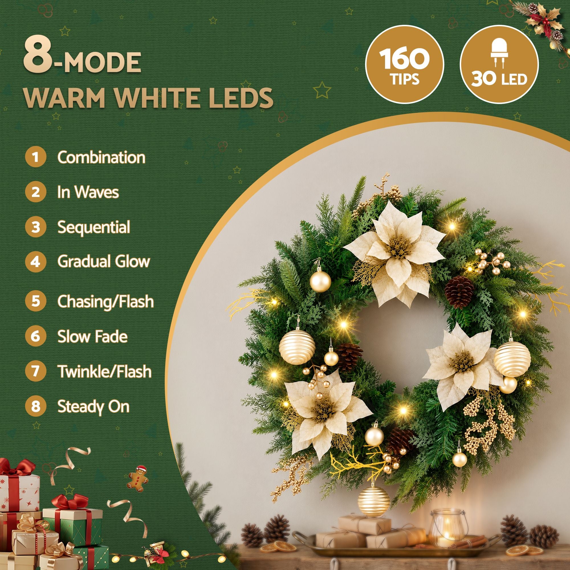 60cm Pre-Lit Christmas Wreath with Gold Flowers & Pinecones