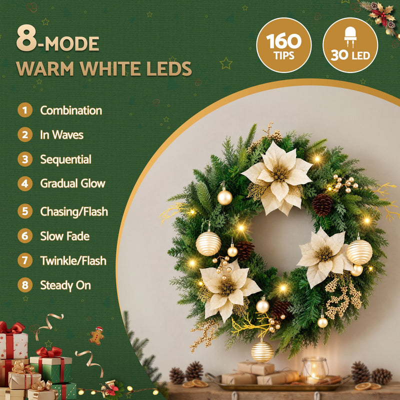 60cm Pre-Lit Christmas Wreath with Gold Flowers & Pinecones