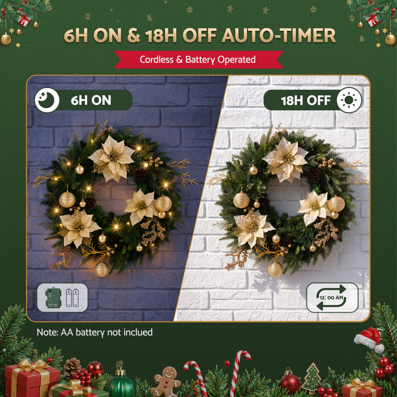 60cm Pre-Lit Christmas Wreath with Gold Flowers & Pinecones