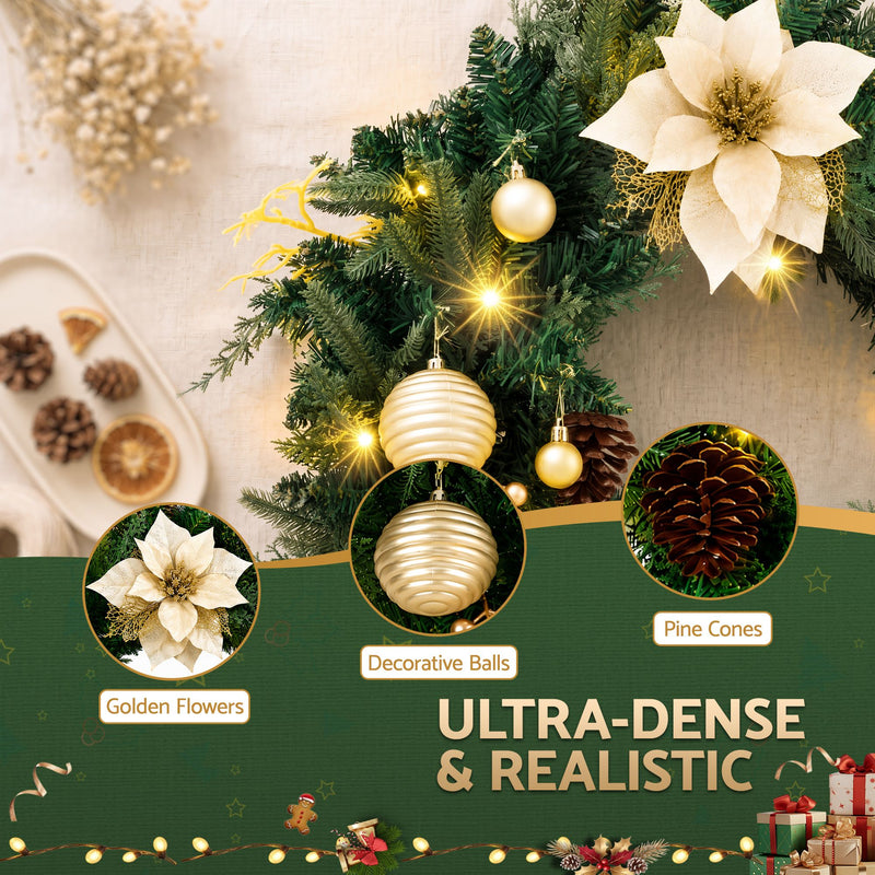 60cm Pre-Lit Christmas Wreath with Gold Flowers & Pinecones