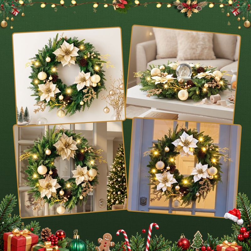 60cm Pre-Lit Christmas Wreath with Gold Flowers & Pinecones