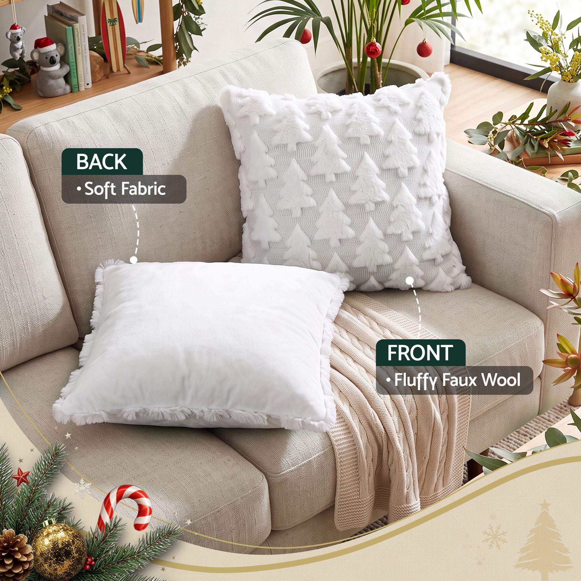 Jingle Jollys Christmas Tree Faux Fur Cushion Covers 2 Pack White 45cm