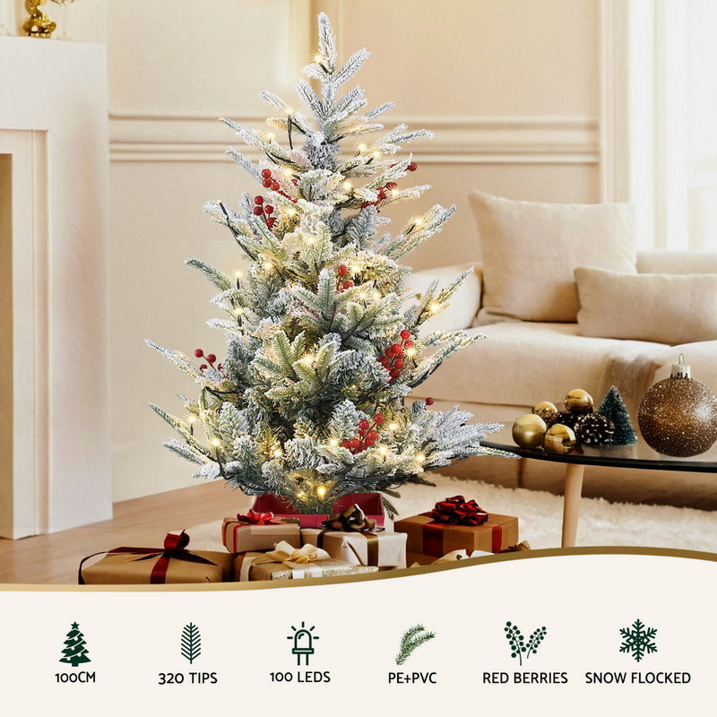 Christmas Tree 1M LED Potted Red Berries Flocked