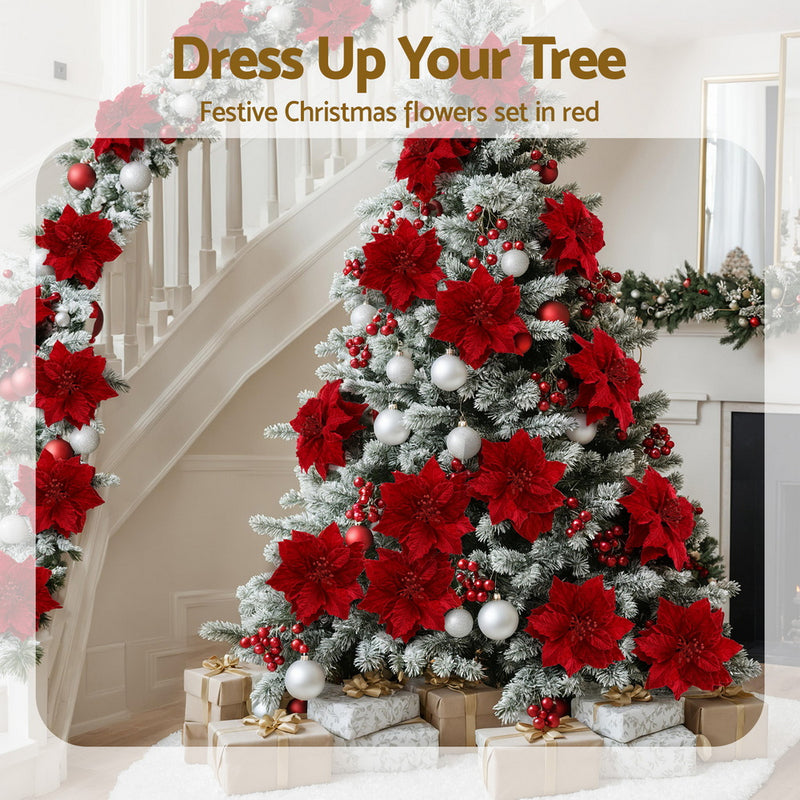 14Pcs Christmas Tree Flowers Set Xmas Garland Wreath Red