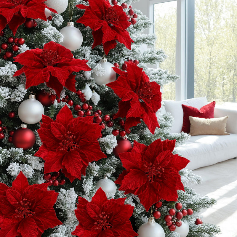 14Pcs Christmas Tree Flowers Set Xmas Garland Wreath Red