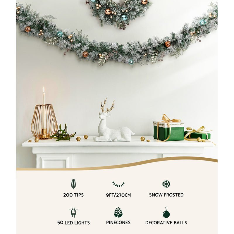 2.7m Christmas Garland with LED Lights Snowy