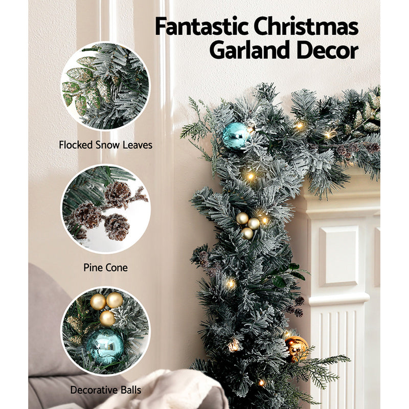 2.7m Christmas Garland with LED Lights Snowy