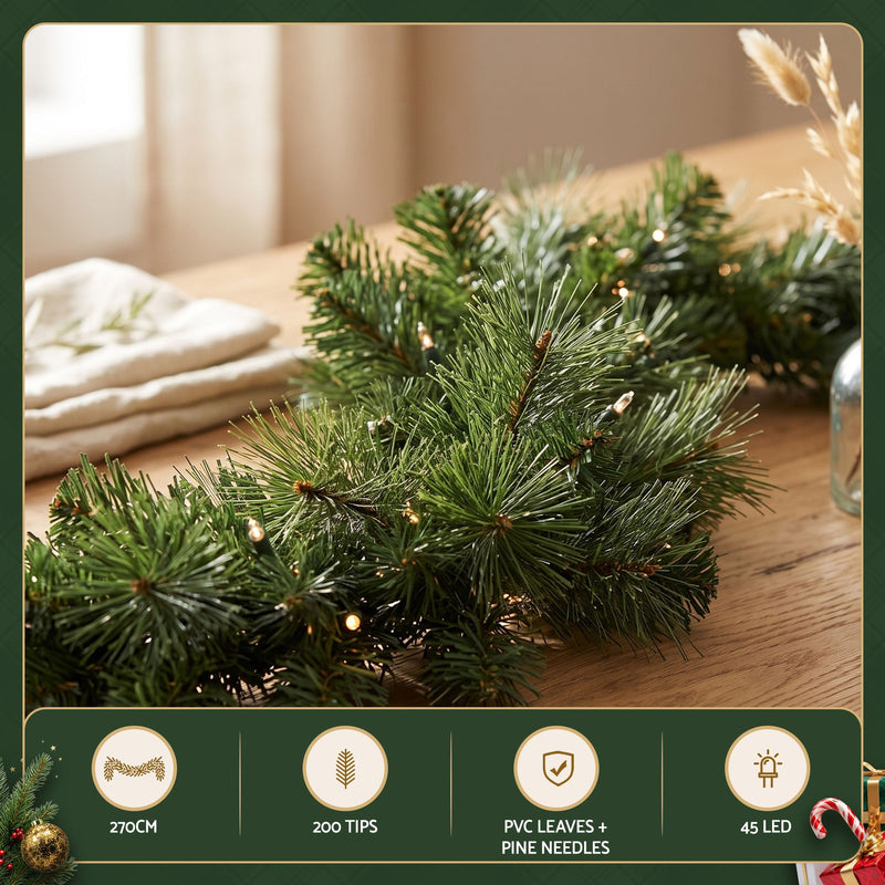 2.7M Pre-Lit Christmas Garland – 200 Tips & LED Lights