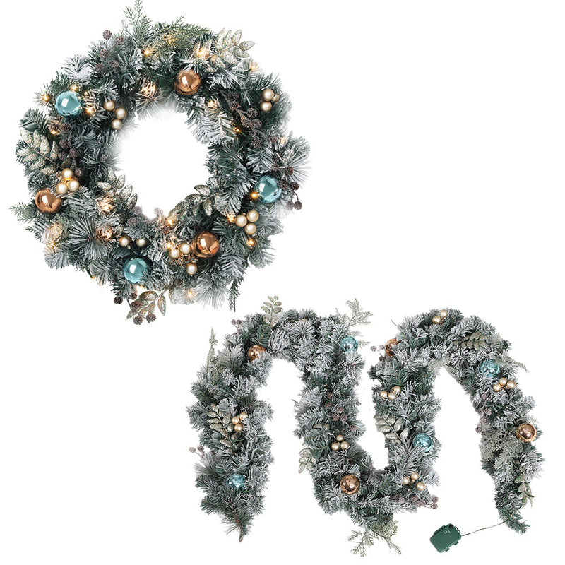 2.7m Christmas Garland with Wreath Set LED Lights