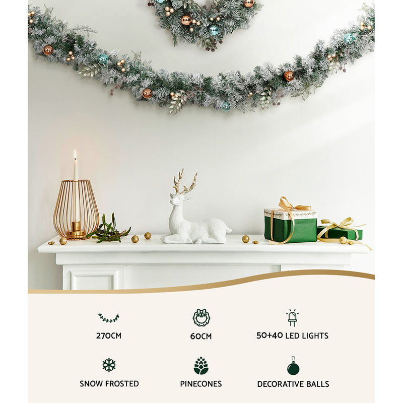 2.7m Christmas Garland with Wreath Set LED Lights