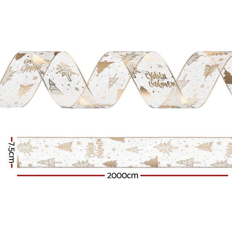 20M Christmas Ribbon Roll Gold Printed Bow Gift & Tree Decor