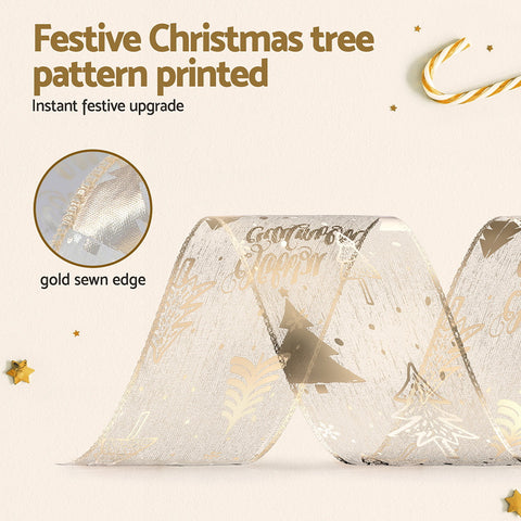 20M Christmas Ribbon Roll Gold Printed Bow Gift & Tree Decor