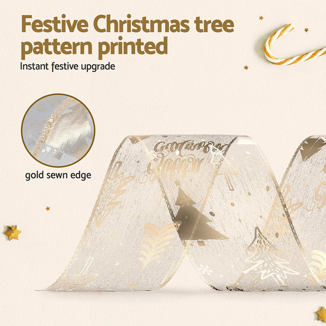 20M Christmas Ribbon Roll Gold Printed Bow Gift & Tree Decor