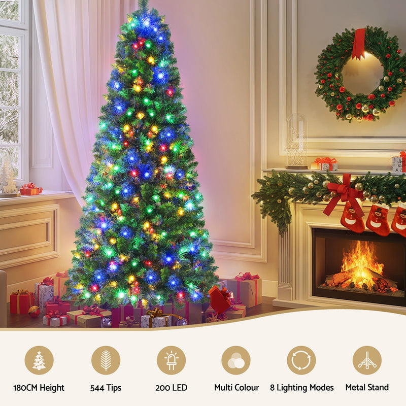 1.8M Pre-lit Christmas Tree 8 Mode Multi Colour 200 LED Light Xmas