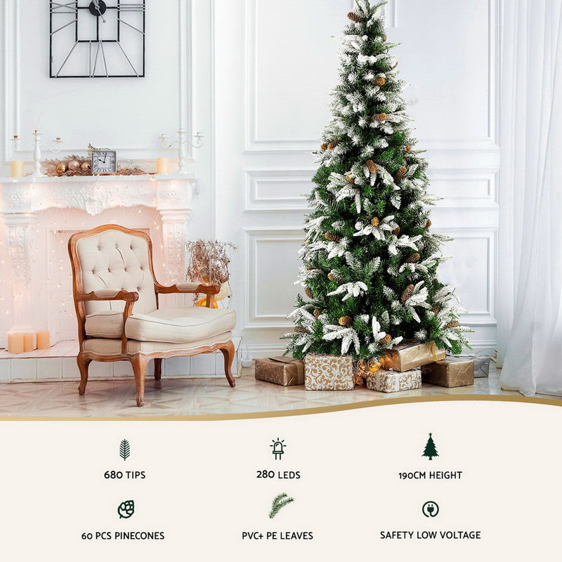 Christmas Tree 190cm Pine Cones LED Flocking Xmas Tree 680 Tips