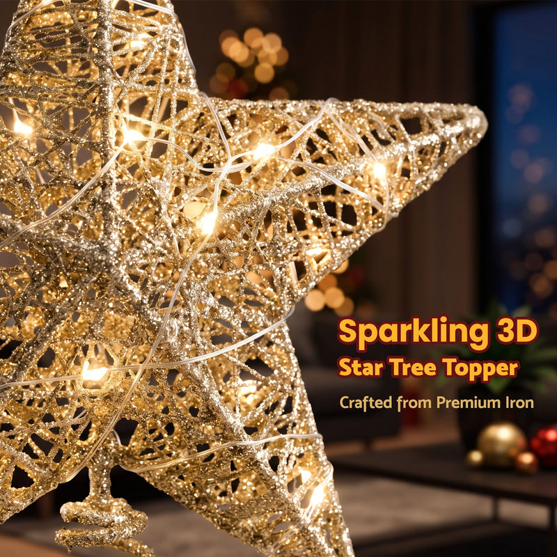 3D Christmas Tree Topper Star – 20 Warm LEDs Gold