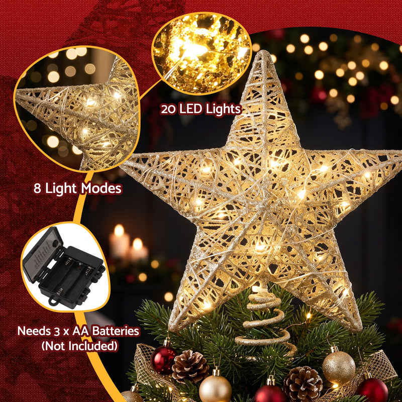 3D Christmas Tree Topper Star – 20 Warm LEDs Gold