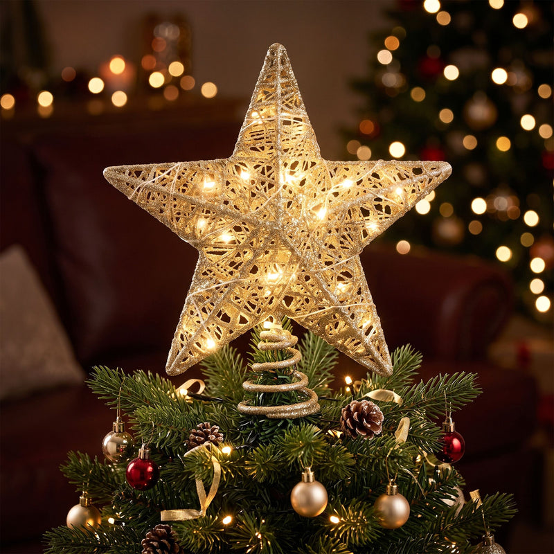3D Christmas Tree Topper Star – 20 Warm LEDs Gold