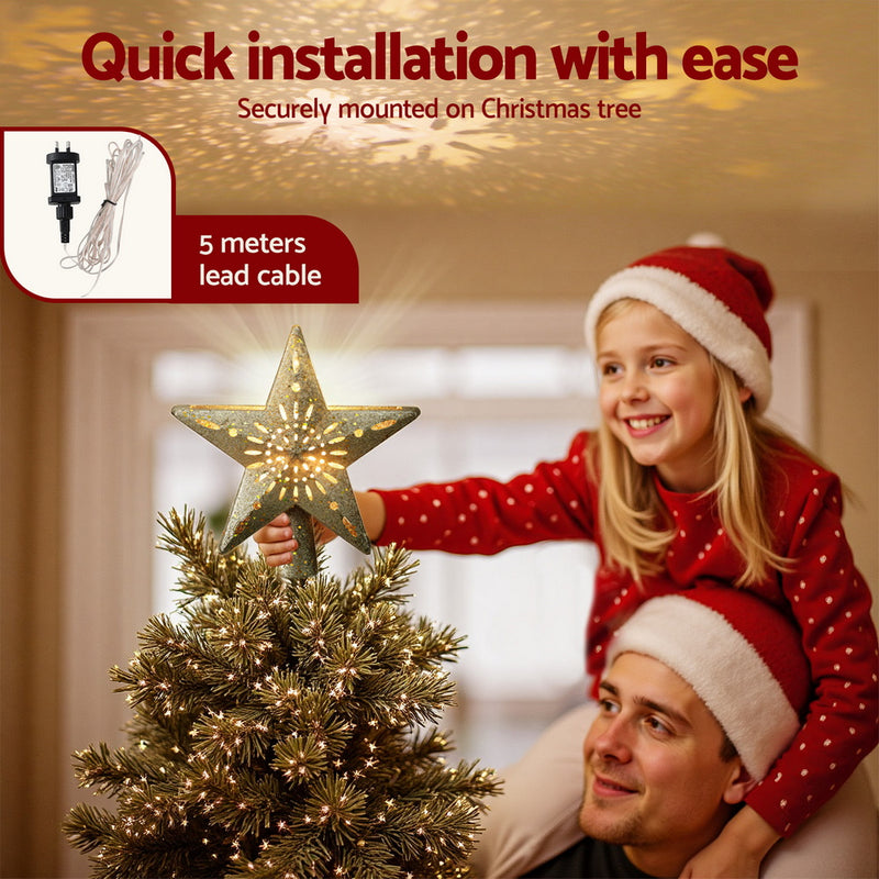 Christmas Tree Topper – Glitter Gold Snowflake Projector Star