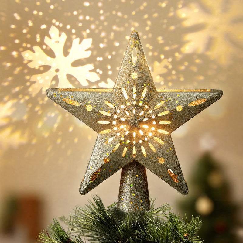 Christmas Tree Topper – Glitter Gold Snowflake Projector Star