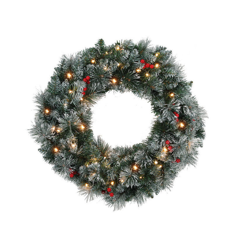 60cm Christmas Wreath LED Lights Snowy Berries Garland