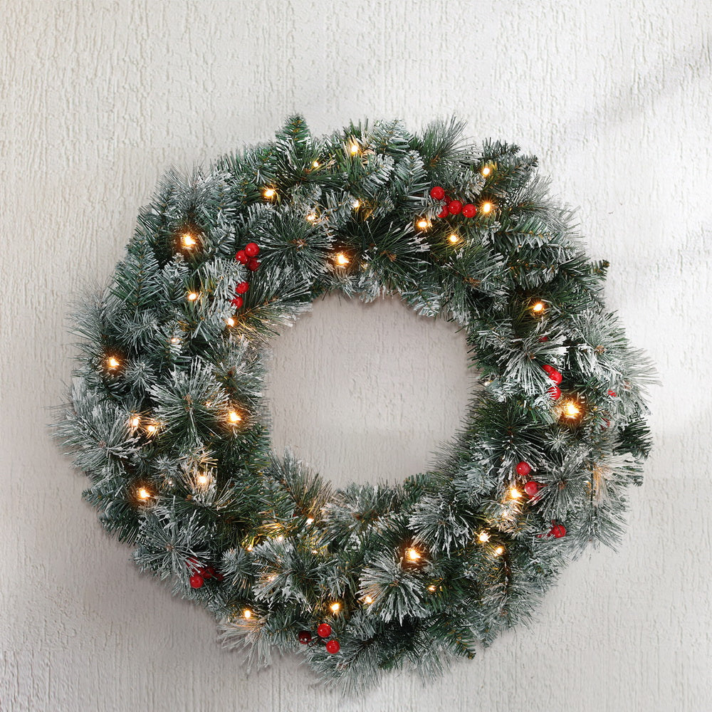 60cm Christmas Wreath LED Lights Snowy Berries Garland