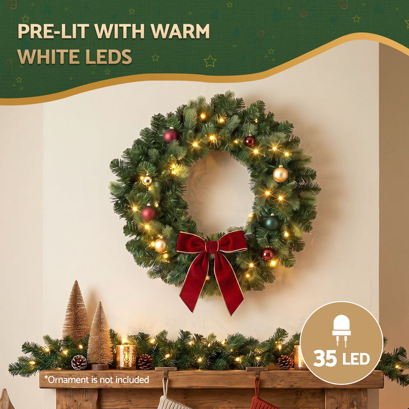 60cm Pre-Lit Christmas Wreath with Warm White LEDs