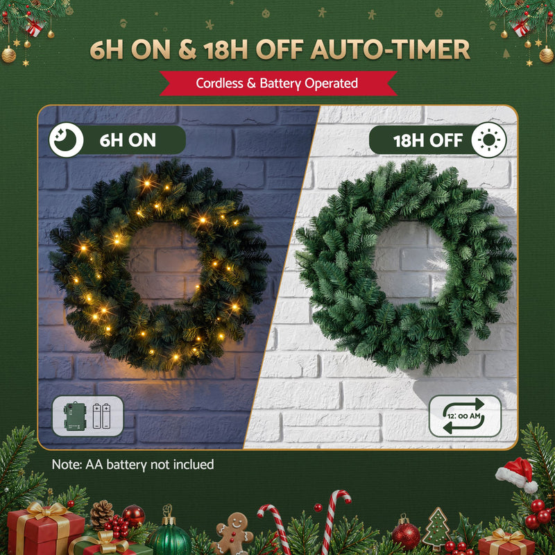 60cm Pre-Lit Christmas Wreath with Warm White LEDs
