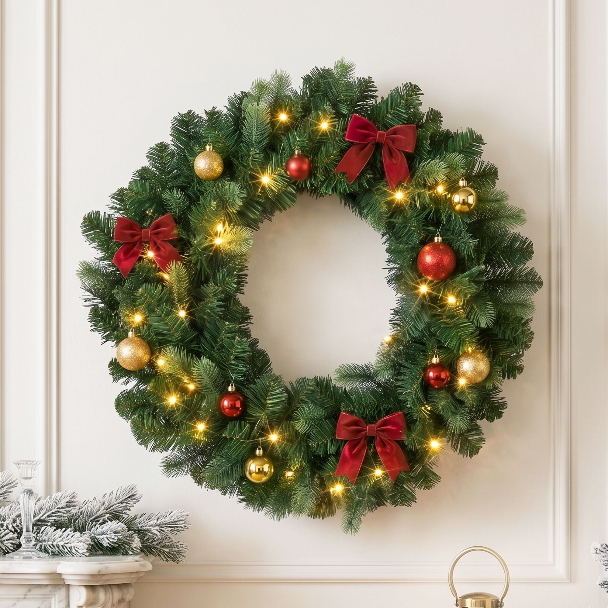 60cm Pre-Lit Christmas Wreath with Warm White LEDs