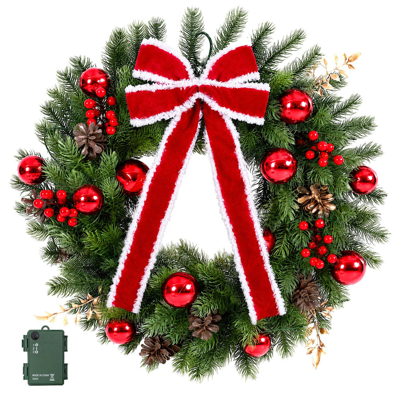 60cm Pre-Lit Christmas Wreath with LED Lights & Bow