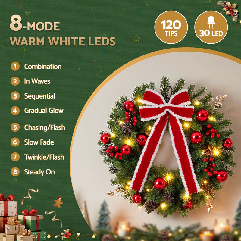 60cm Pre-Lit Christmas Wreath with LED Lights & Bow