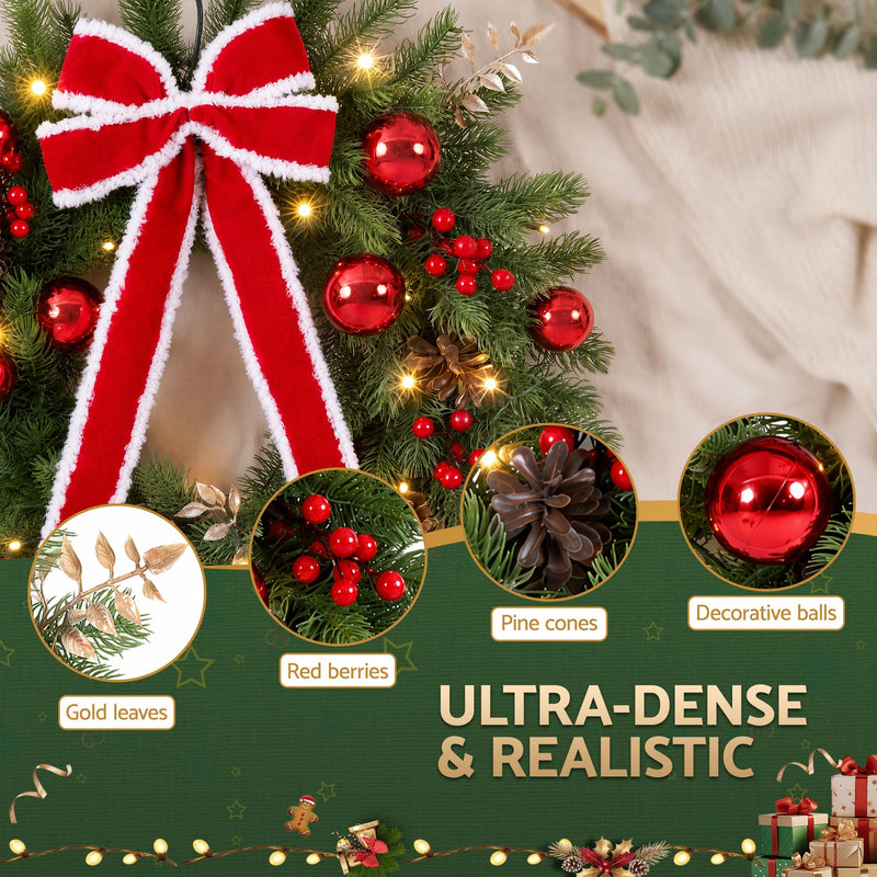 60cm Pre-Lit Christmas Wreath with LED Lights & Bow
