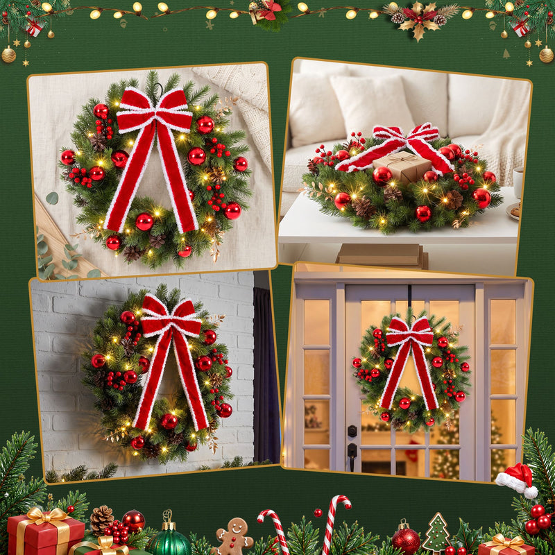 60cm Pre-Lit Christmas Wreath with LED Lights & Bow