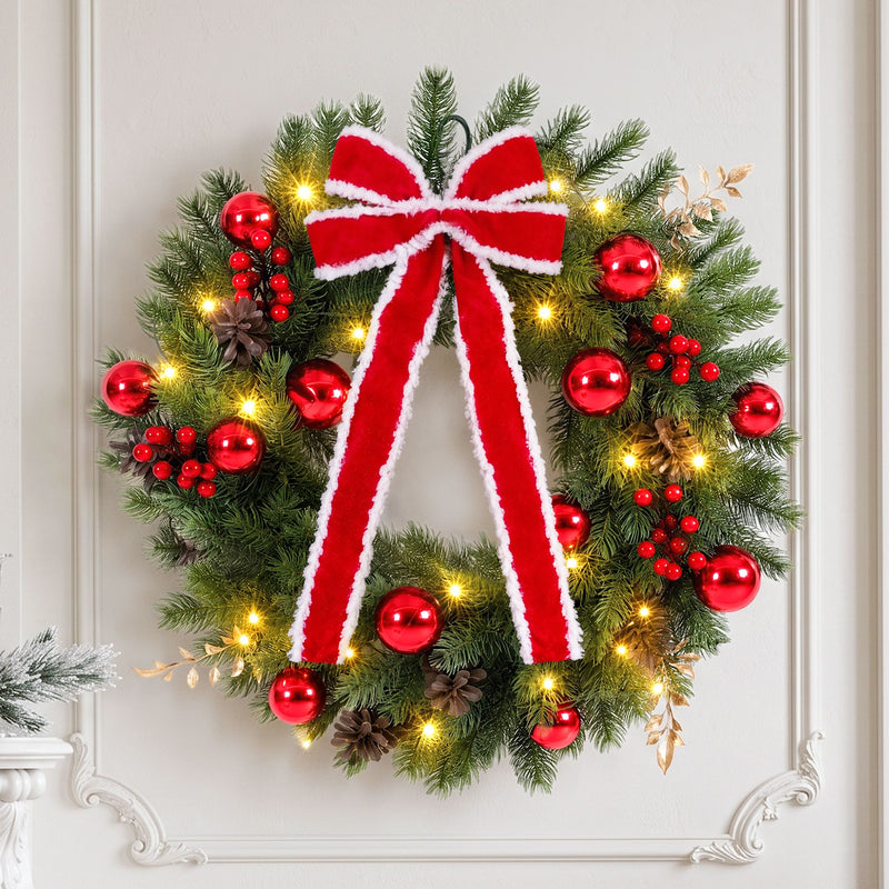 60cm Pre-Lit Christmas Wreath with LED Lights & Bow