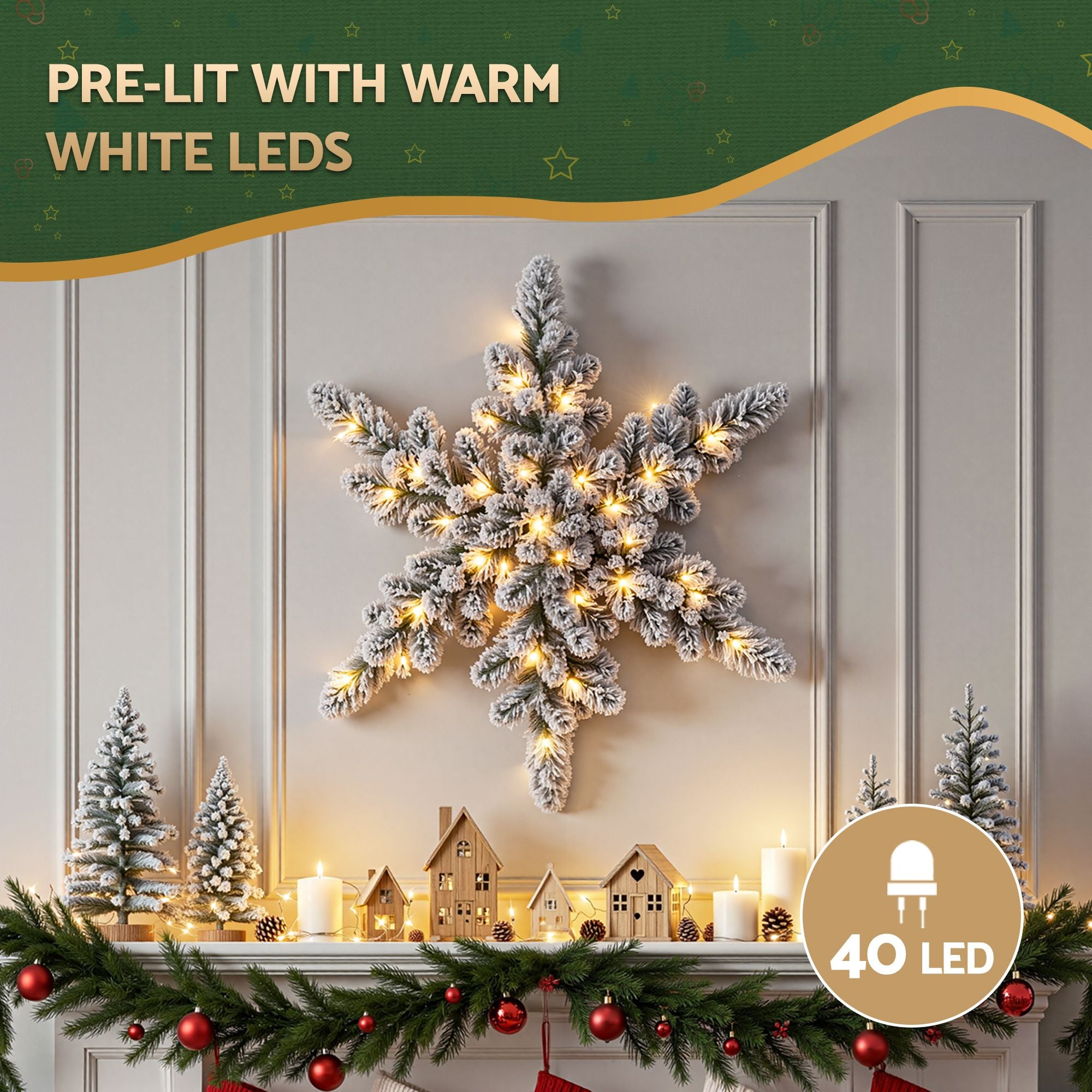 60cm Pre-Lit Flocked Snowflake Christmas Wreath