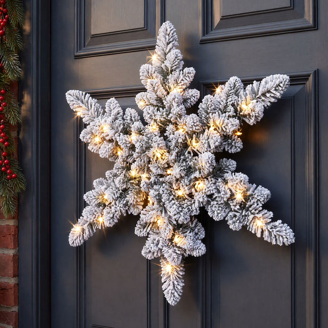 60cm Pre-Lit Flocked Snowflake Christmas Wreath