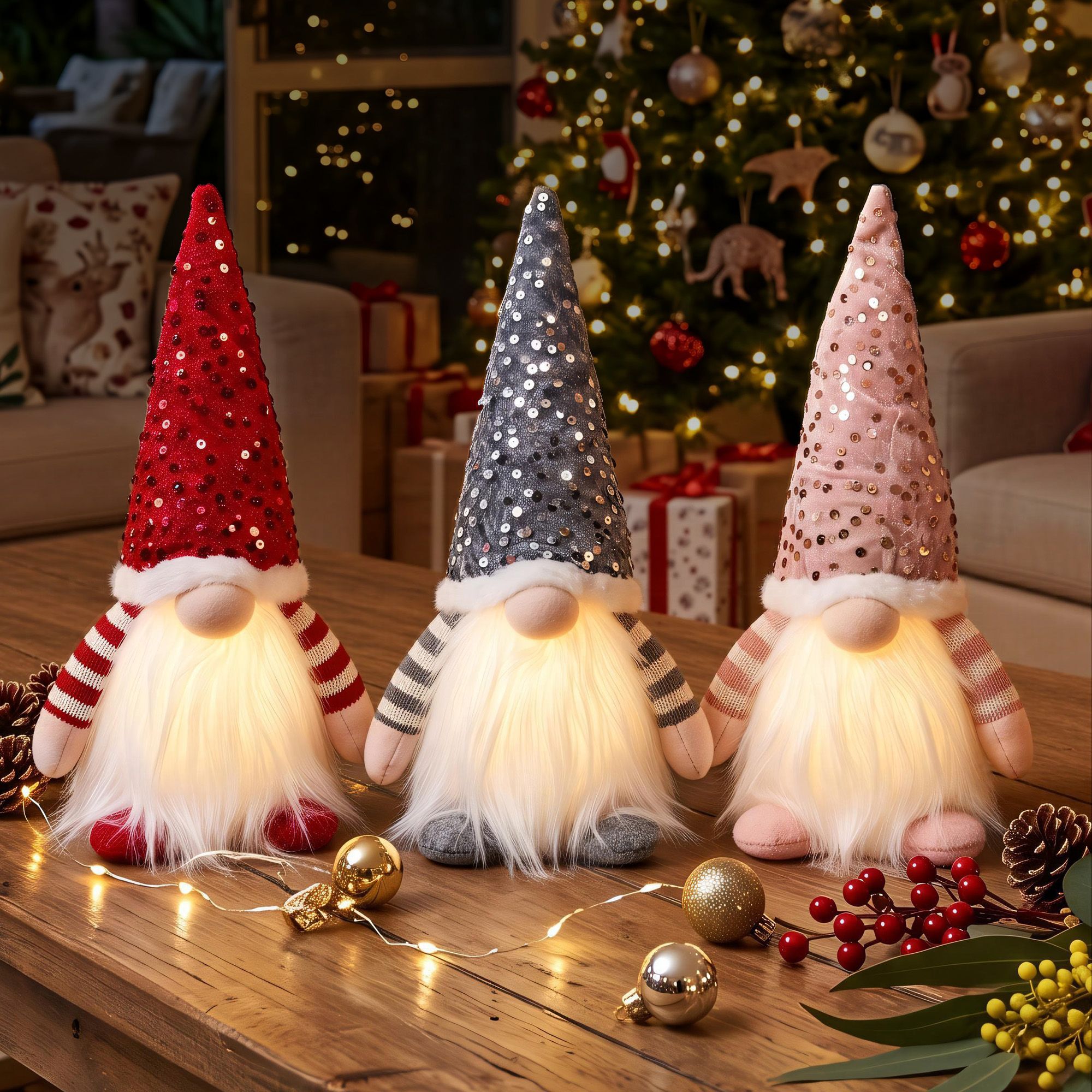 Light Up Christmas Gnomes Plush Set of 3 Warm White