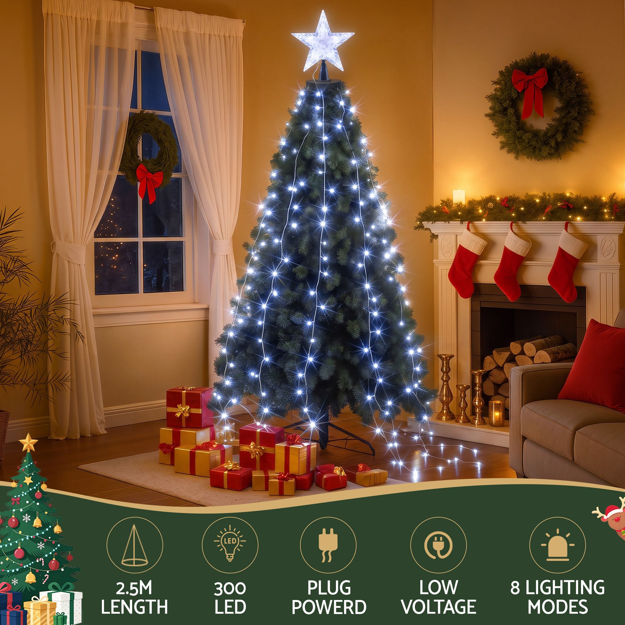 2.5M Christmas Tree Waterfall Fairy Lights with Topper
