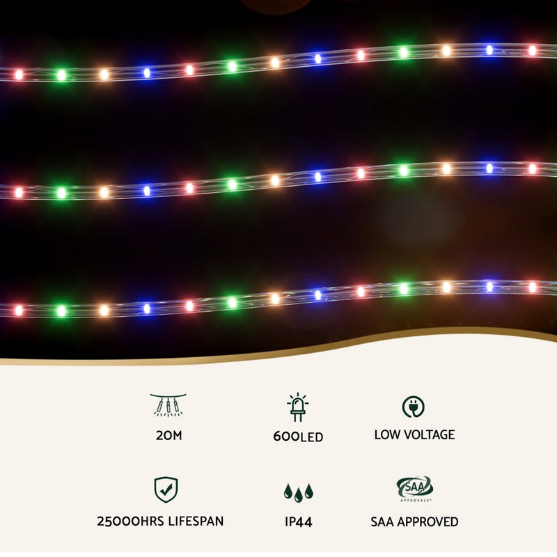 20M Christmas Lights String Rope Light 600 LED Colorful